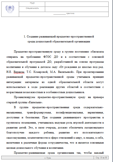 Пример отчета по практике по дошкольному образованию