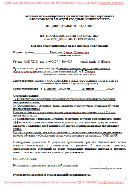 Пример отчета по практике по лингвистике