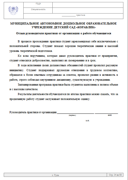 Пример отчета по практике по дошкольному образованию